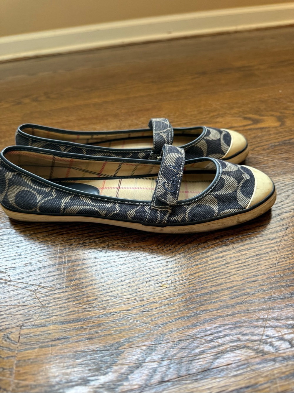 Coach Navy Signature Canvas Mary Jane Flats with Cream Toe Caps - Picture 2 of 5